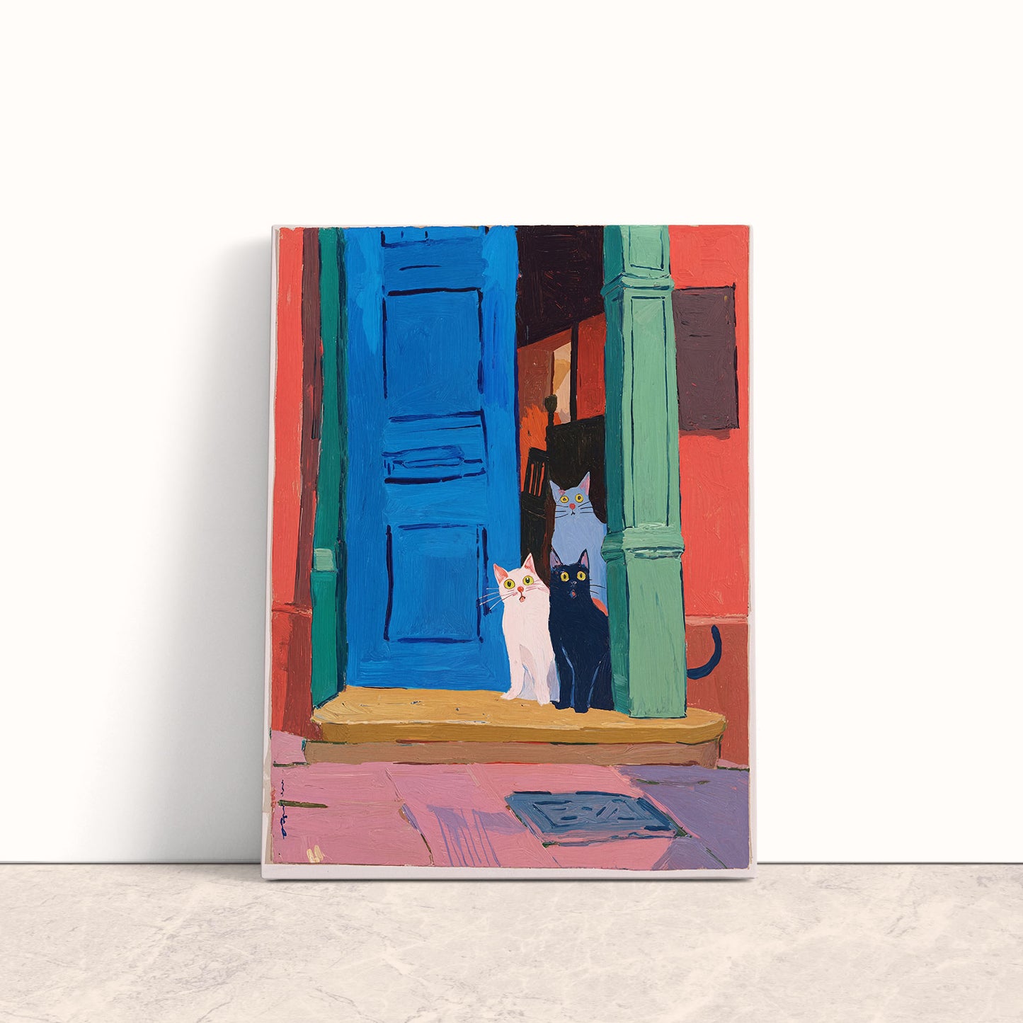 Curious Cats at the Blue Door Canvas Print