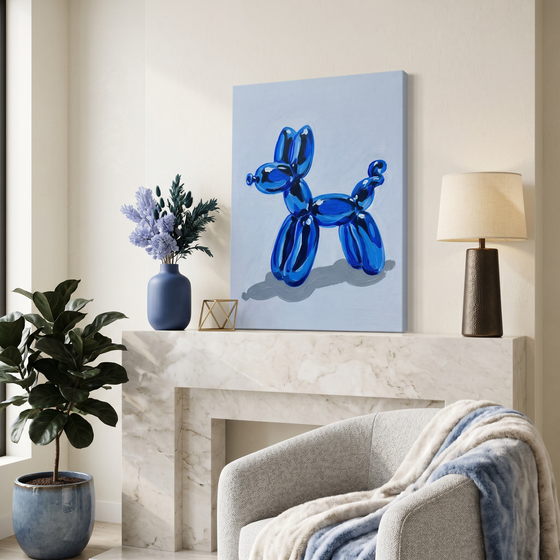 Blue balloon dog sculpture on a light blue background in a living room setting.