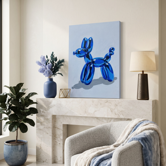 Blue balloon dog sculpture on a light blue background in a living room setting.