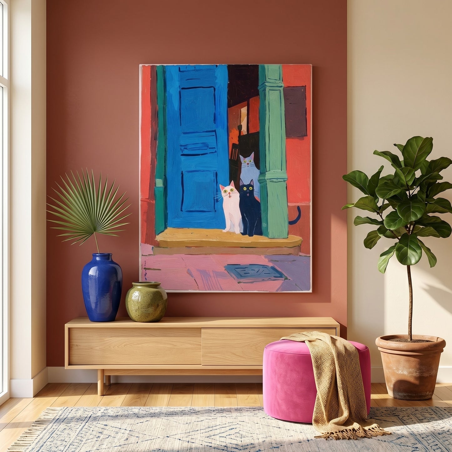 Curious Cats at the Blue Door Canvas Print